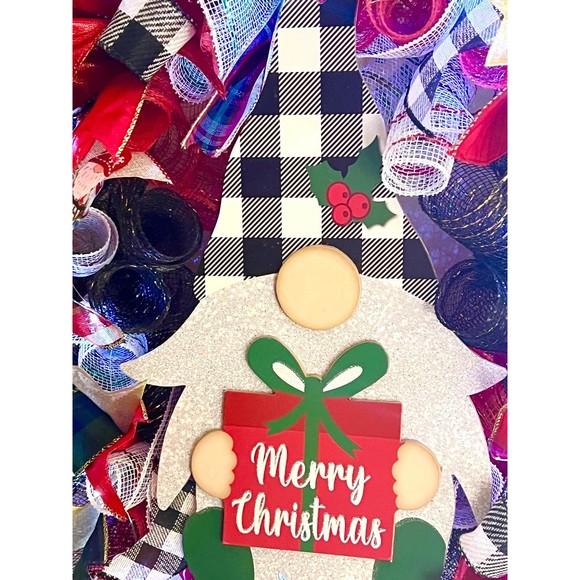 Handmade Merry Christmas Gnome Holiday Ribbon Door Wreath 22 ins W46 - Picture 4 of 11